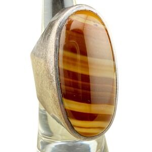 Vintage Sterling Silver Agate Stripped Band Ring Size 6.5